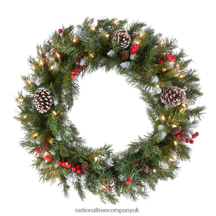 Greenery | National Tree Company Pre-Lit Artificial Christmas Wreath Green Frosted Berry White Lights Decorated with Pine Cones Berry Clusters Frosted Branches Christmas Collection 24 Inches F